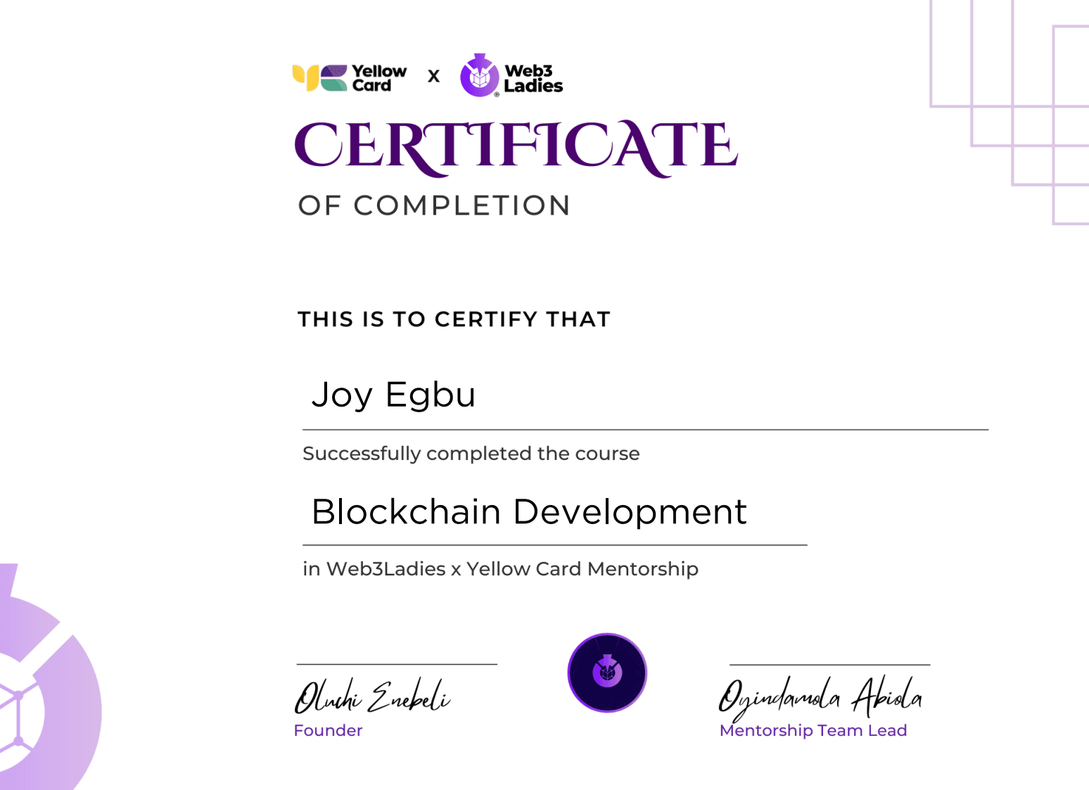 Certificate of Blockchain development cert.|Web3 Ladies